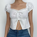Smocked puff sleeve solid ruffle slit backless crop top