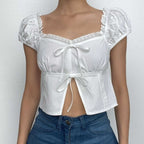 Smocked puff sleeve solid ruffle slit backless crop top