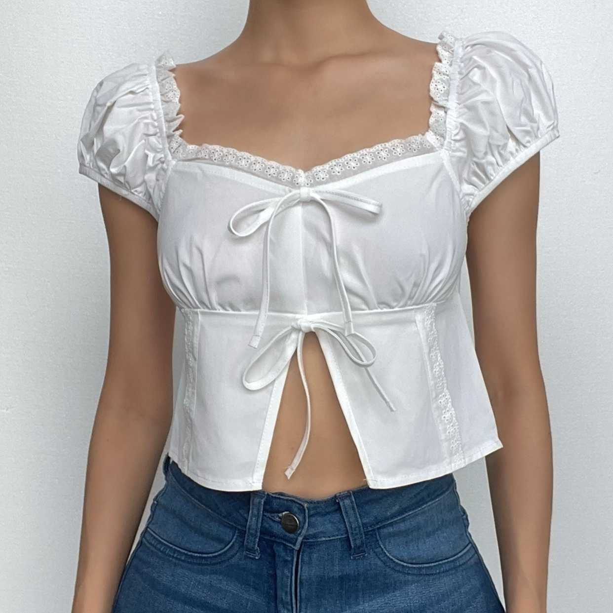 Smocked puff sleeve solid ruffle slit backless crop top