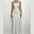 Backless hollow out low cut self tie solid cami maxi dress