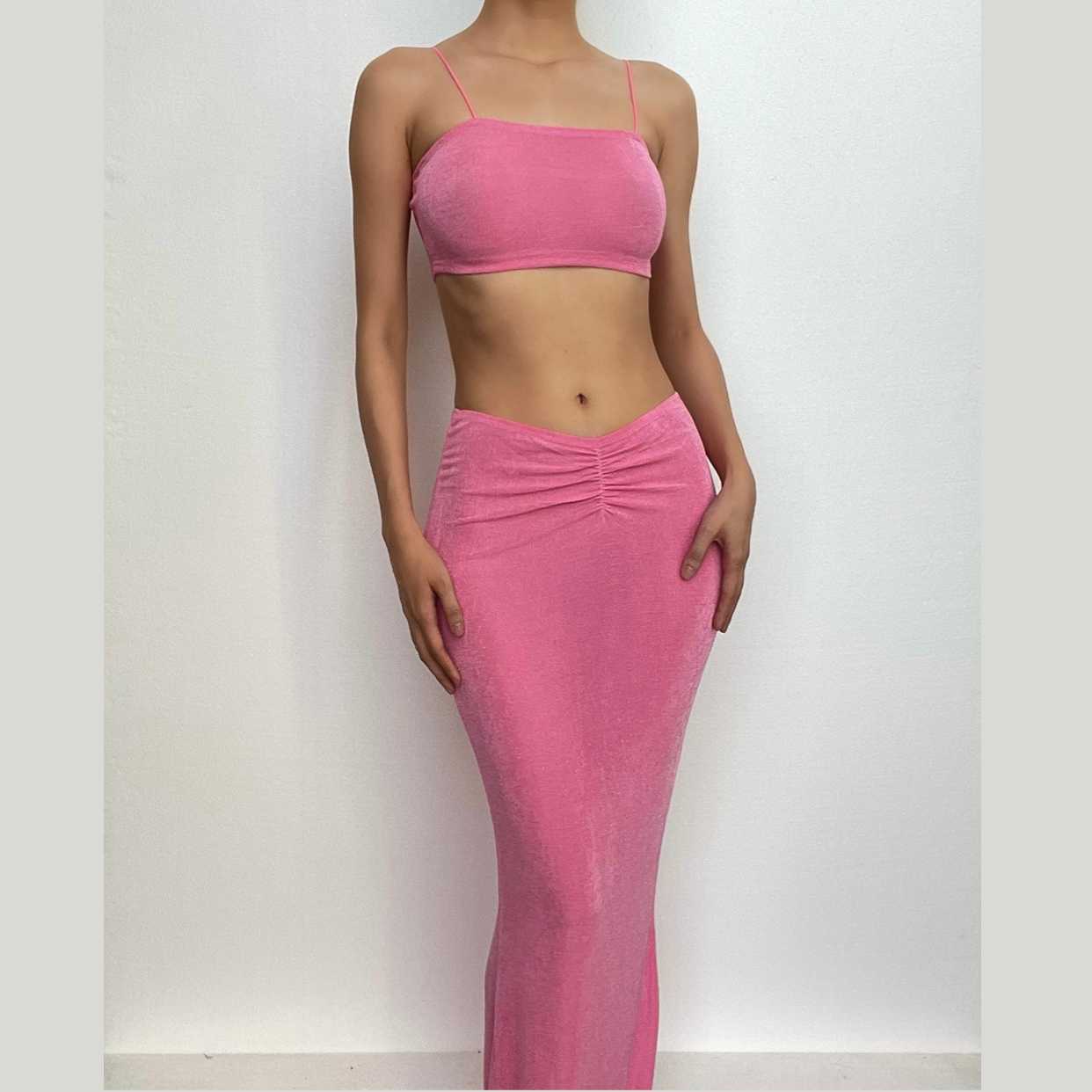 Ruched solid spaghetti strap backless square neck cami maxi skirt set