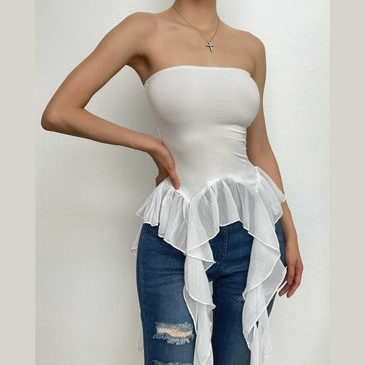 Top a tubino con volant in chiffon patchwork e schiena scoperta con nastri 