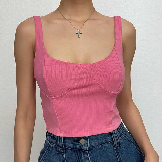Geripptes, einfarbiges, ärmelloses, rückenfreies Crop-Top mit U-Ausschnitt