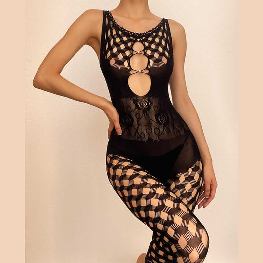 Ärmelloser, ausgehöhlter, durchsichtiger Jumpsuit aus Fischnetz 