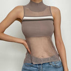 Crochet striped sleeveless high neck hollow out patchwork top