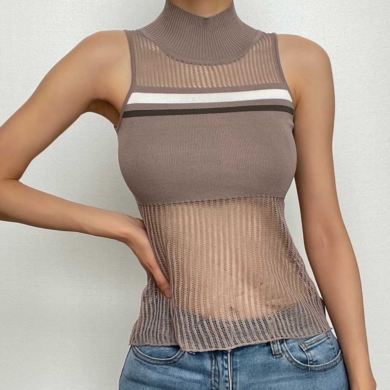 Crochet striped sleeveless high neck hollow out patchwork top