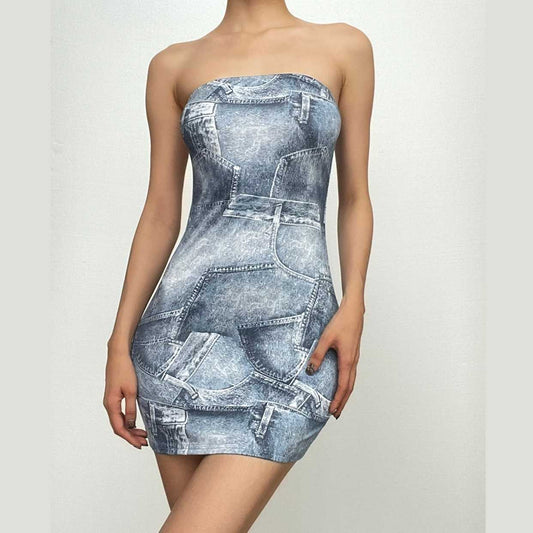 Rückenfreies, ärmelloses Tube-Minikleid mit Jeans-Print und Kontrast 