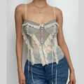Mesh patchwork ruffle button contrast backless cami crop top