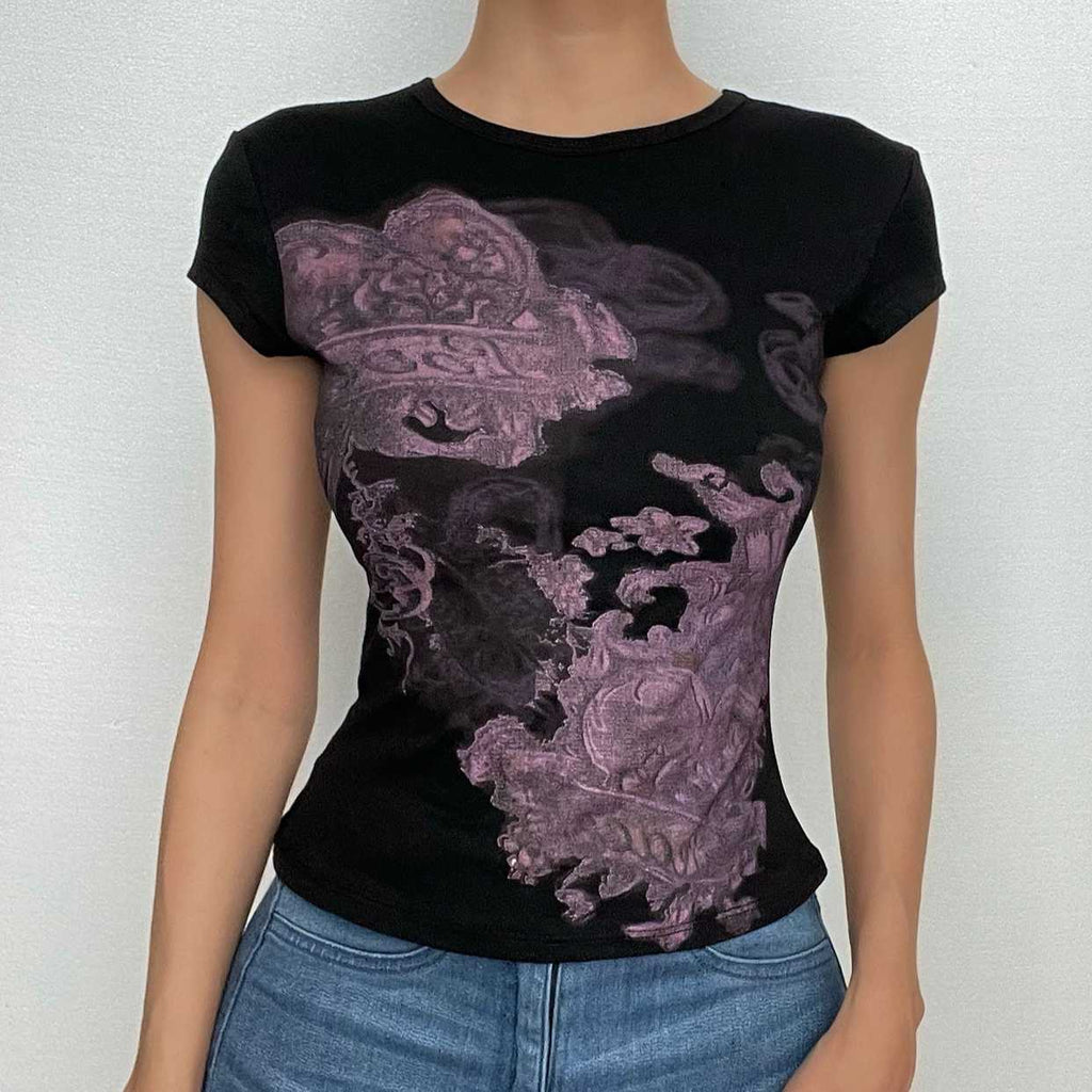Crewneck cap sleeve abstract contrast top