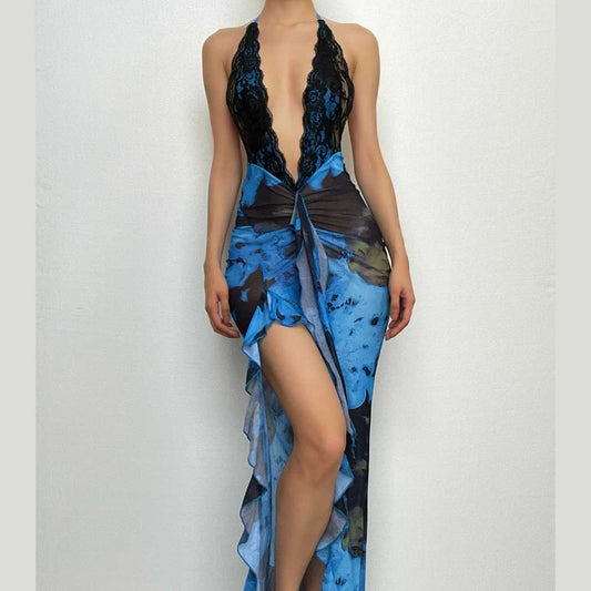 Neckholder-Maxikleid zum Selbstbinden mit Spitzensaum und unregelmäßigem, rückenfreiem Kontrast 