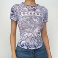 Short sleeve ruffle sheer mesh see through abstract top
