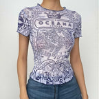 Short sleeve ruffle sheer mesh see through abstract top