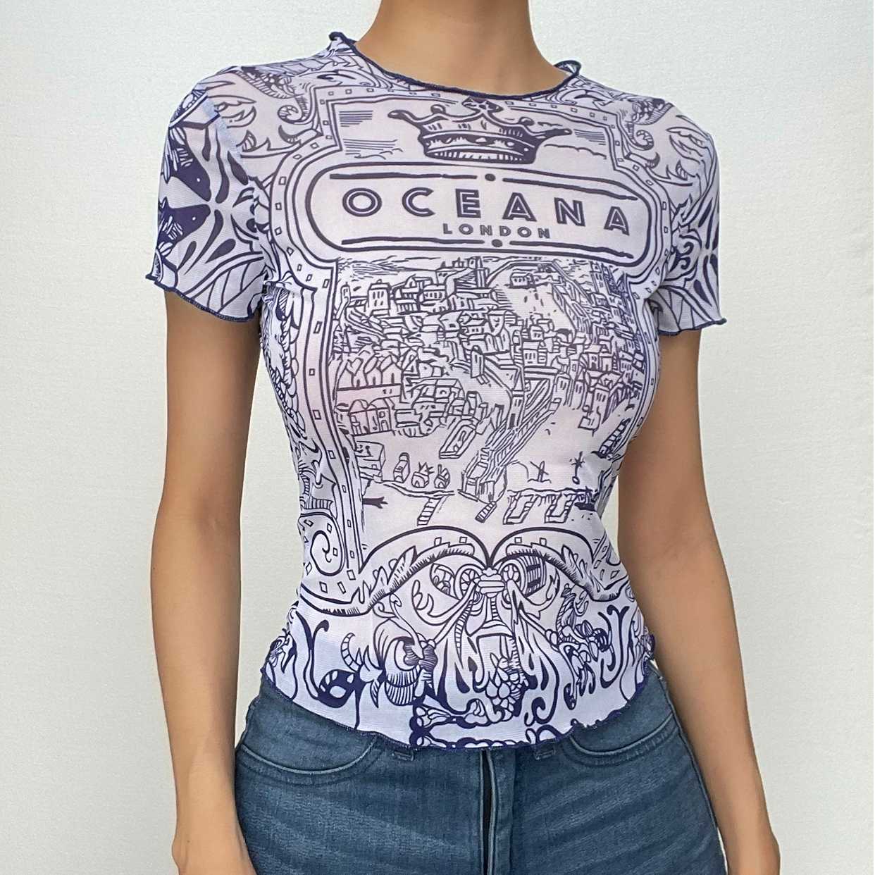 Short sleeve ruffle sheer mesh see through abstract top