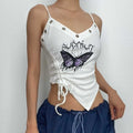 Irregular v neck drawstring ribbed butterfly pattern cami top
