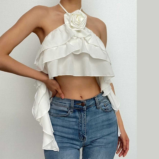 Rückenfreies Neckholder-Crop-Top mit Blumenapplikation und Rüschen