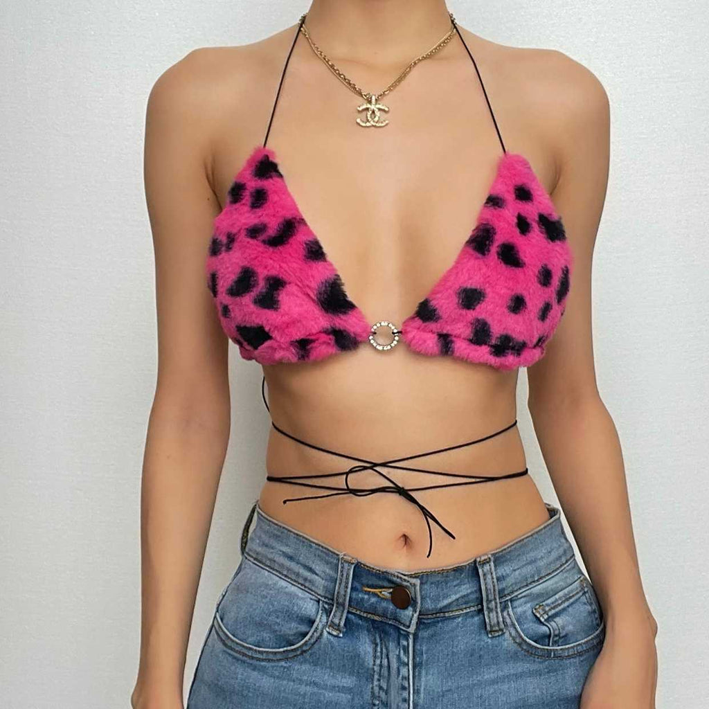 Reggiseno con anello a O e stampa leopardata pelosa con lacci e apertura sulla schiena 