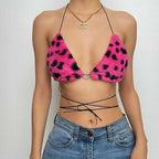 Reggiseno con anello a O e stampa leopardata pelosa con lacci e apertura sulla schiena 