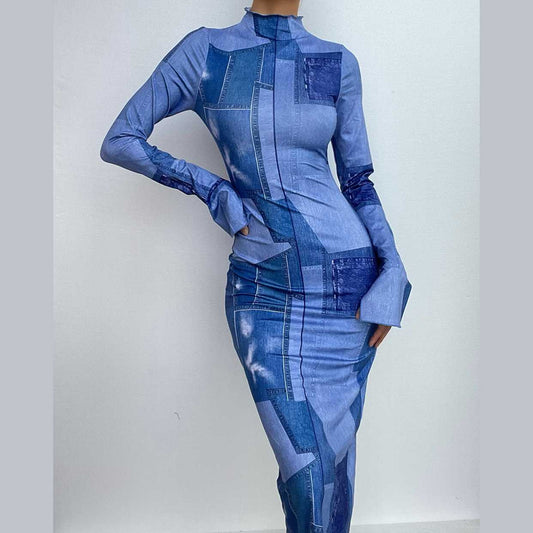 Denim print long sleeve high neck stitch contrast slit maxi dress