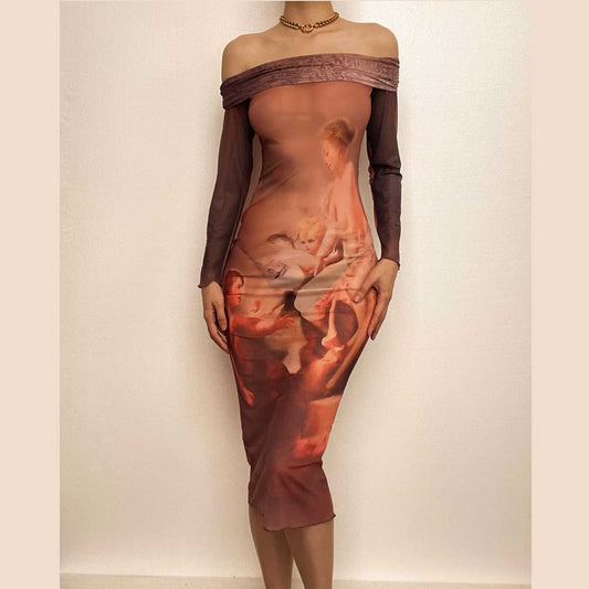 Schulterfreies, langärmliges Midikleid mit abstraktem Print und Kontrast 