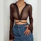 Sheer mesh see through turnover collar long sleeve button slit crop top