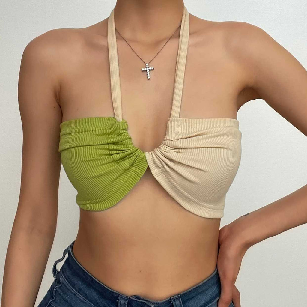Top corto senza schienale con coulisse e collo all'americana a contrasto a coste
