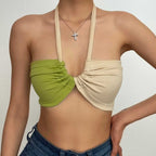 Top corto senza schienale con coulisse e collo all'americana a contrasto a coste