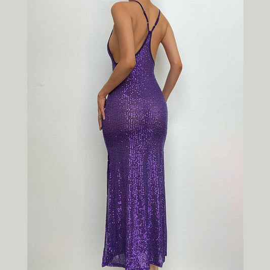 Glitzerndes, durchsichtiges, rückenfreies Maxi-Camisole-Kleid mit U-Ausschnitt 
