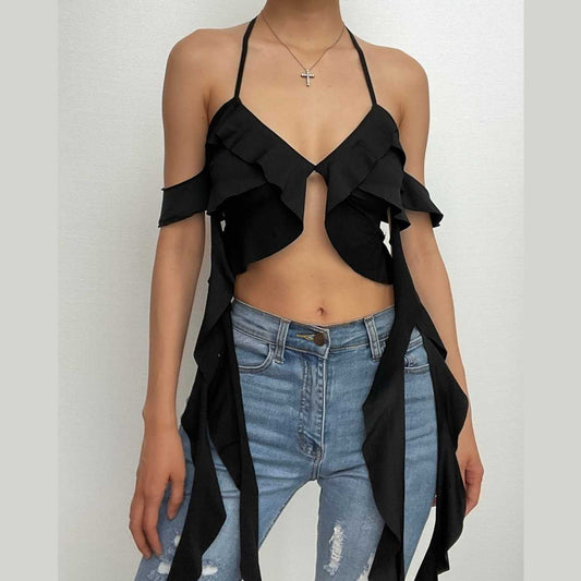 Rückenfreies Crop-Top mit Neckholder und Rüschen, V-Ausschnitt und Schleife