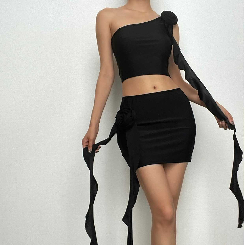 Irregular flower applique one shoulder solid mini skirt set