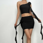 Irregular flower applique one shoulder solid mini skirt set