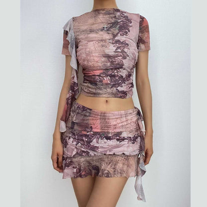 Short sleeve contrast abstract print ruffle mini skirt set