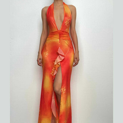 Ruched backless halter self tie v neck slit tie dye maxi dress