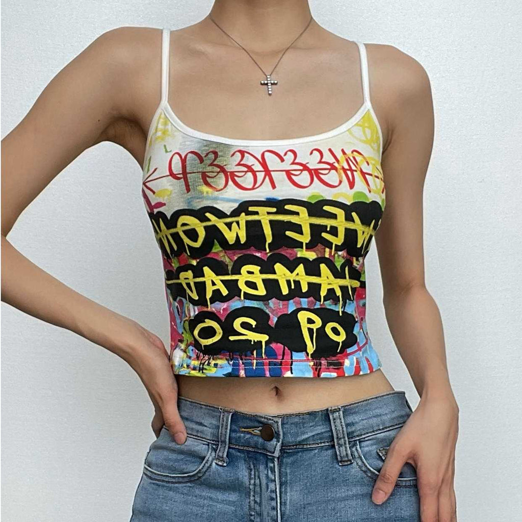 Letter print contrast u neck backless cami crop top