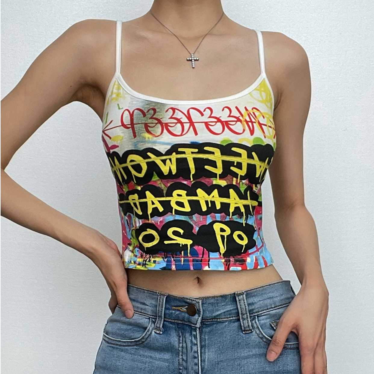 Letter print contrast u neck backless cami crop top
