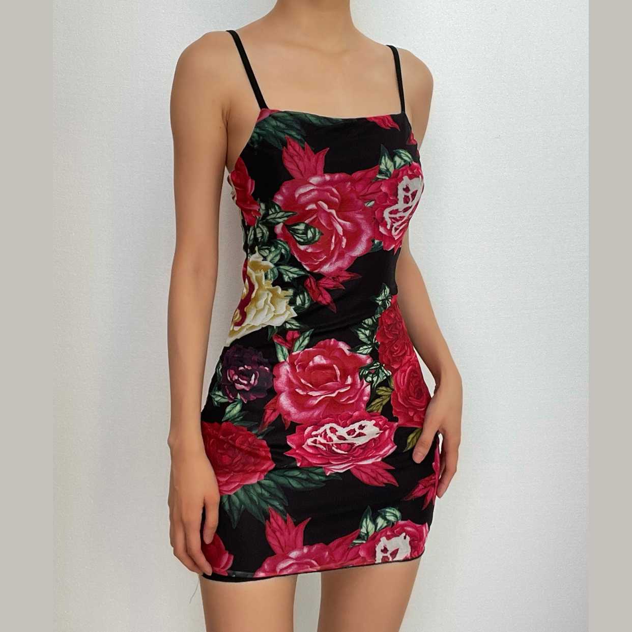 Mesh flower print contrast backless ruffle cami mini dress