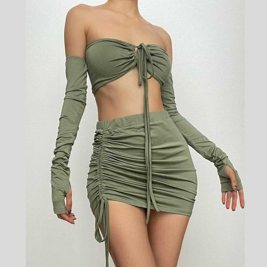 Ruched gloves backless self tie drawstring solid mini skirt set