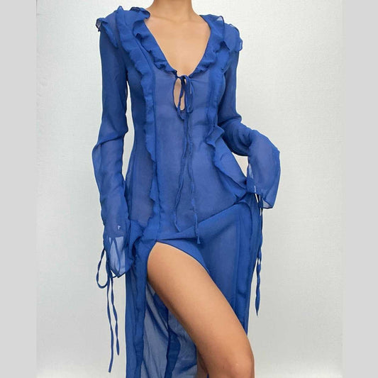 Durchsichtiges, langärmliges Maxikleid aus Chiffon mit V-Ausschnitt und Schlitz zum Selbstbinden