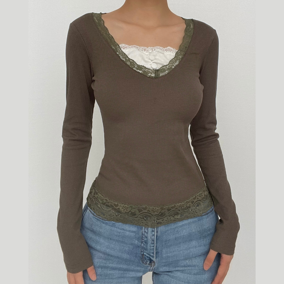 Long sleeve patchwork ribbed lace hem top - Final Sale