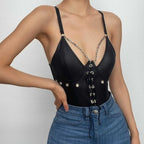 Metal chain lace up mesh low cut backless bodysuit