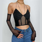 Mesh patchwork bustier gloves halter backless ruched crop top
