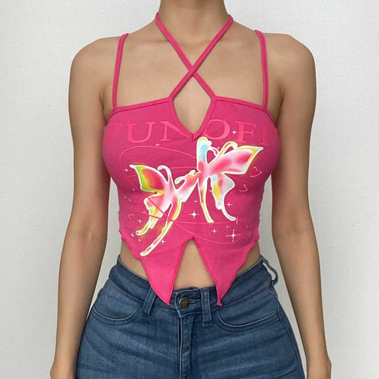 Top corto con volant a contrasto e motivo a farfalla con spacco sulla schiena e scollo all'americana 