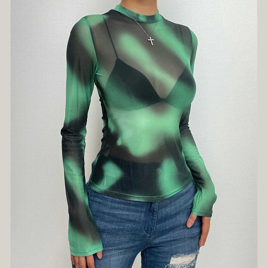 Maglia a rete trasparente con stampa tie-dye a maniche lunghe e scollo rotondo a contrasto 