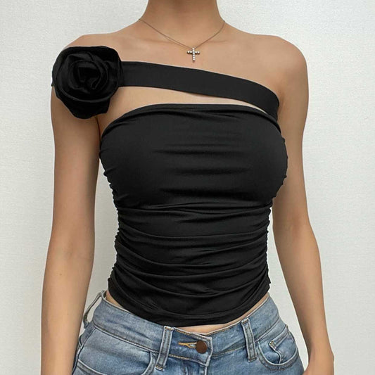 Sleeveless solid off shoulder flower applique ruched tube top - Final Sale