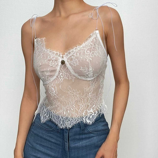 Lace spaghetti strap self tie v neck backless top