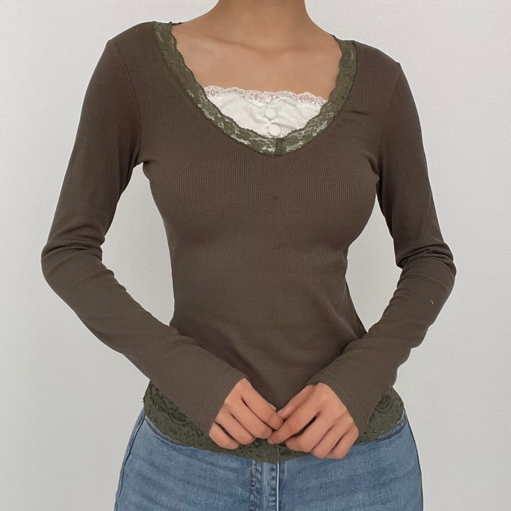 Long sleeve patchwork ribbed lace hem top - Final Sale