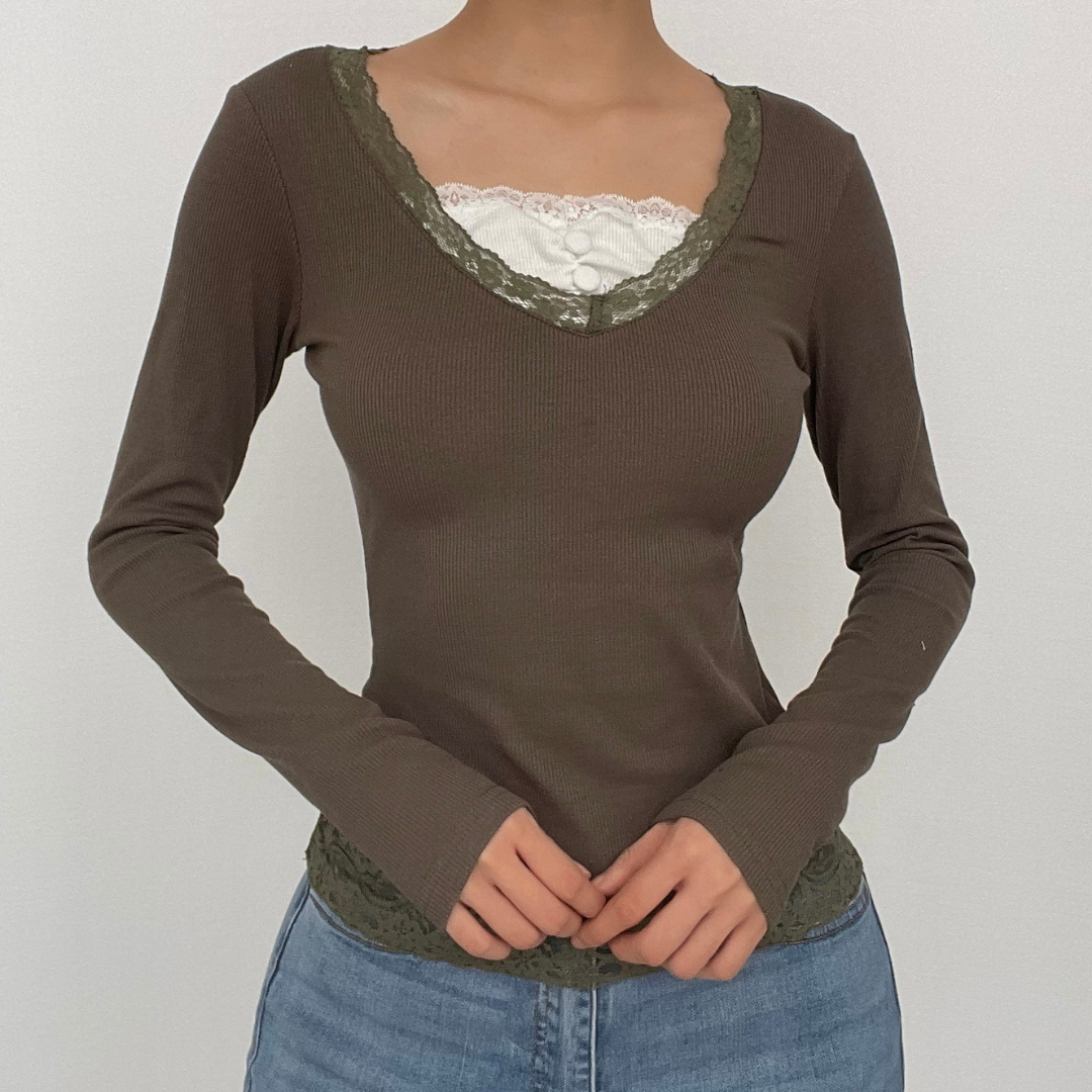 Long sleeve patchwork ribbed lace hem top - Final Sale