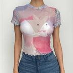Short sleeve plaid sheer mesh see through rabbit pattern ruffle top