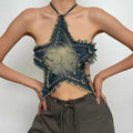 Halter self tie denim star pattern backless contrast top