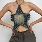 Halter self tie denim star pattern backless contrast top