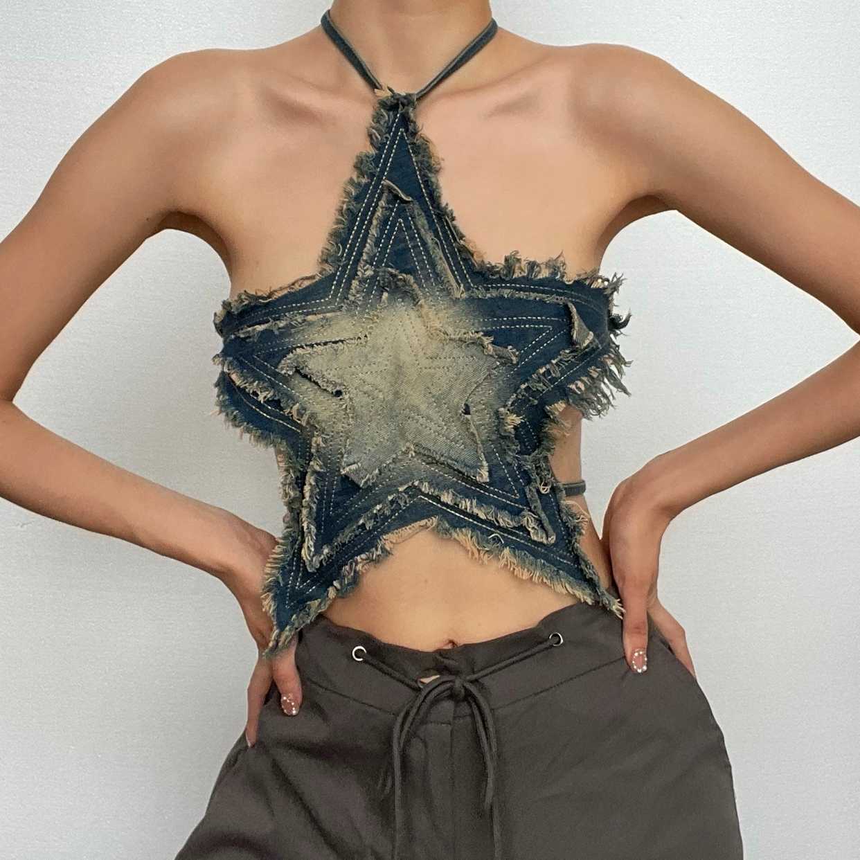 Halter self tie denim star pattern backless contrast top